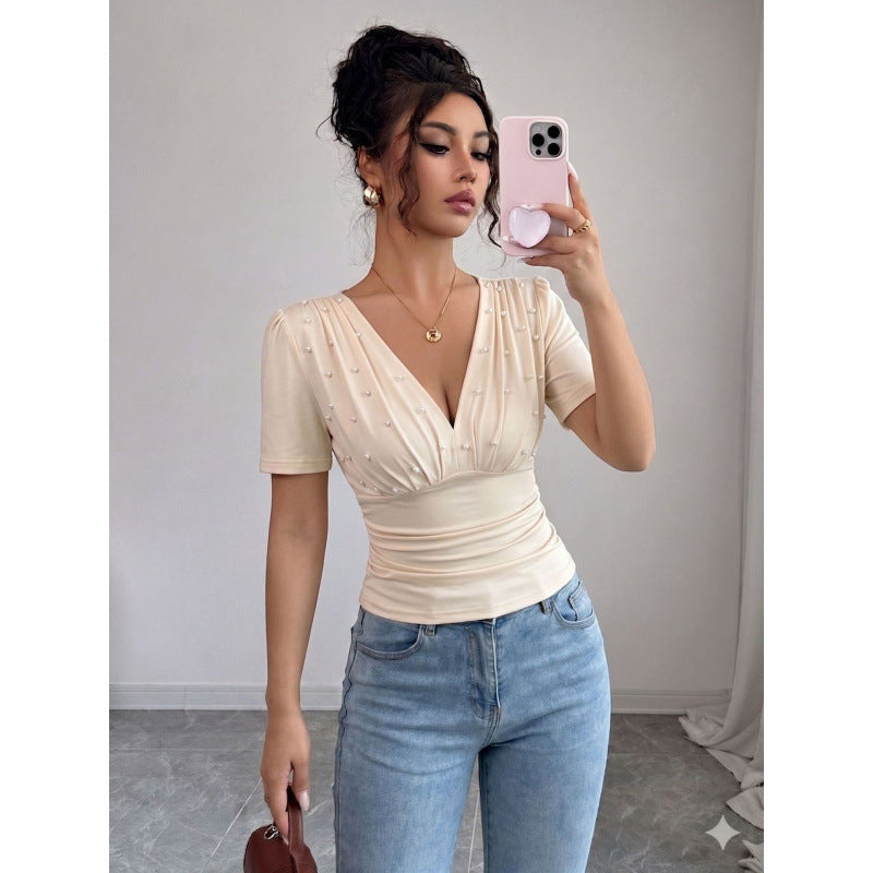 Dame elegant bluse med perle-detalje Skovae