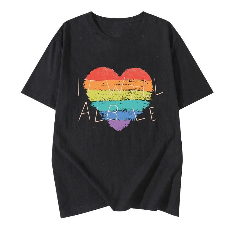 Dame T-shirt med kreativt regnbueskærtsmotiv og inspirerende skrift Stilla