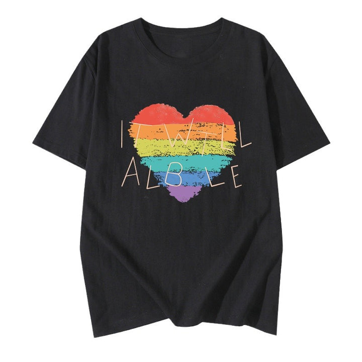 Dame T-shirt med kreativt regnbueskærtsmotiv og inspirerende skrift Stilla