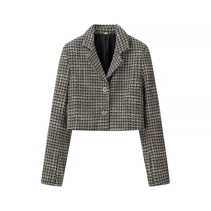 Dame Kort Tweed-Blazerjakke med dobbelt knaplukning og elegante detaljer Stilla