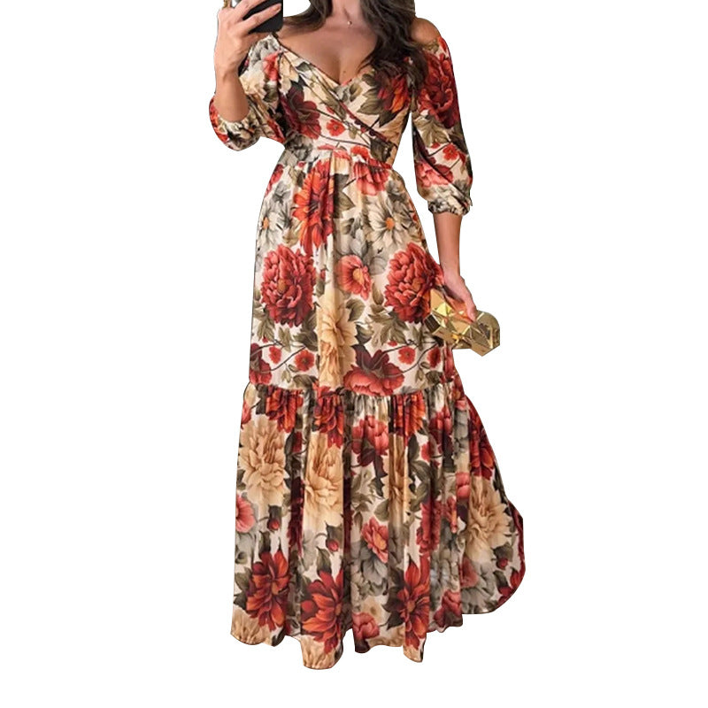 Kvinders blomster maxi kjole med off-shoulder design og flæse kant Stilla