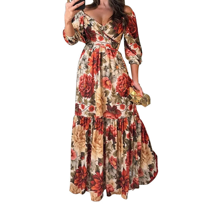 Kvinders blomster maxi kjole med off-shoulder design og flæse kant Stilla