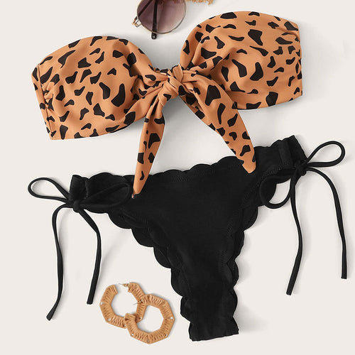Dame bandeau-bikini med moderne dyremotiv og bindedetaljer Skovae