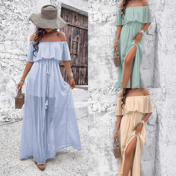 Dame maxikjole med off-shoulder design og sidelængde Stilla