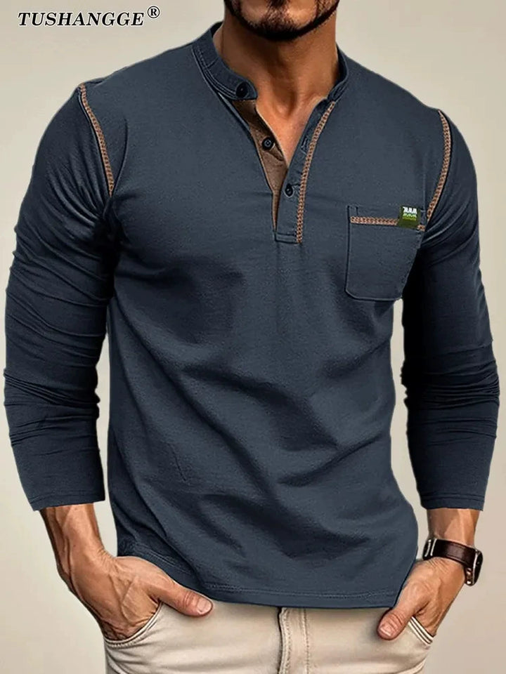 Herrer Langærmet skjorte med moderne Henley-udskæring Stilla