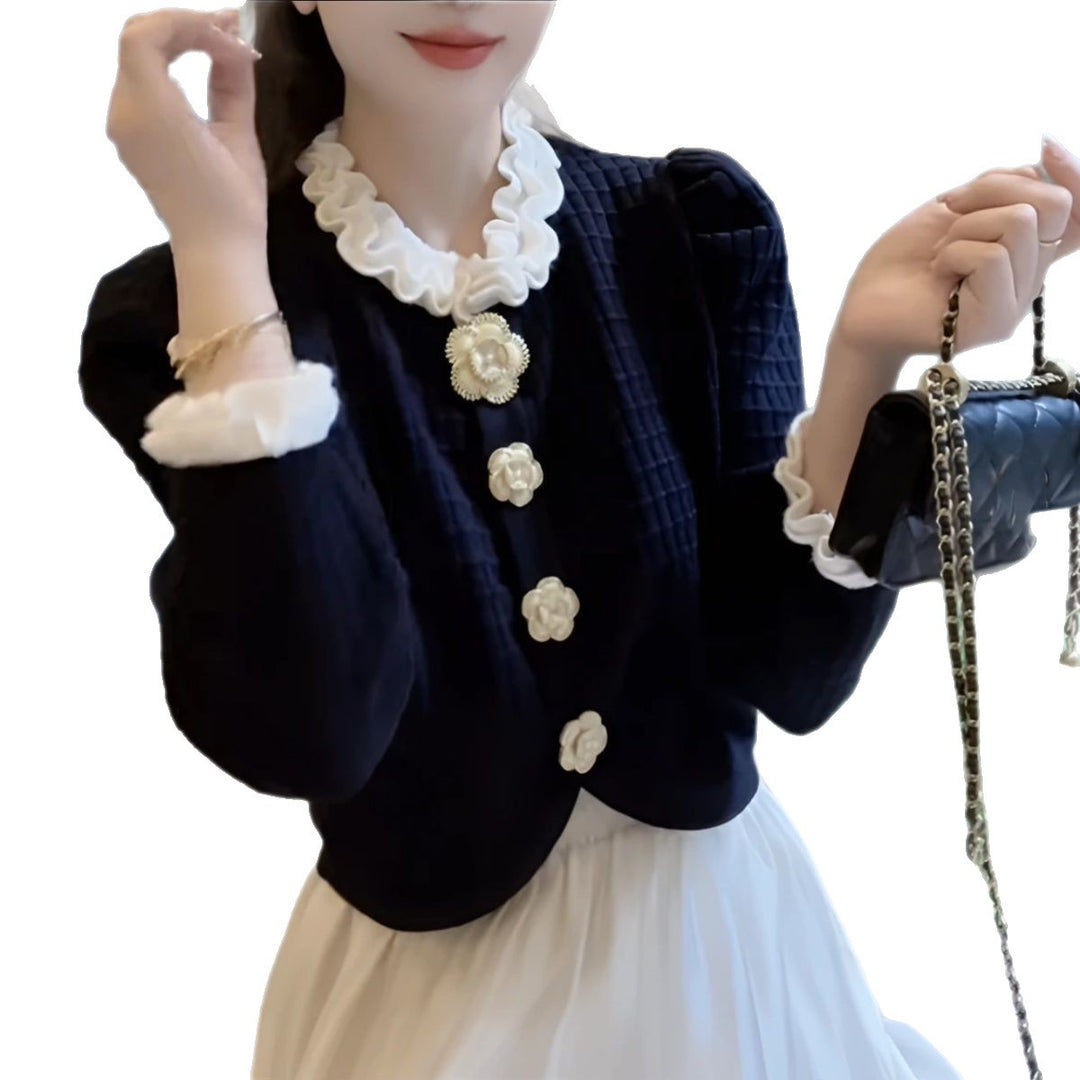 Dame Elegant Cardigan med Blomster Accent Stilla