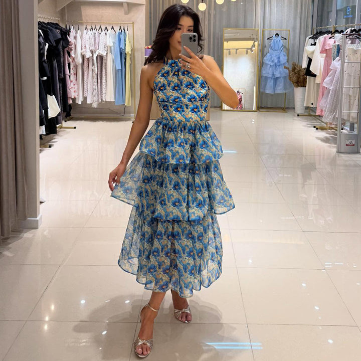 Dame maxikjole med transparente lag og blomsterdesign Skovae