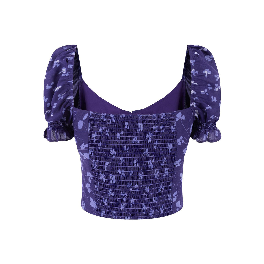Dame crop-top med flæsedetaljer og blomsterprint Stilla