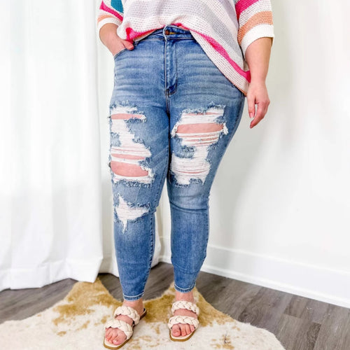 Dame skinny jeans med trendy slidt udseende og elastisk talje Skovae