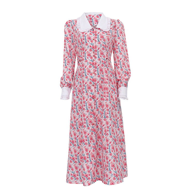 Dame Midi-kjole med blomsterprint og klassisk krave Stilla