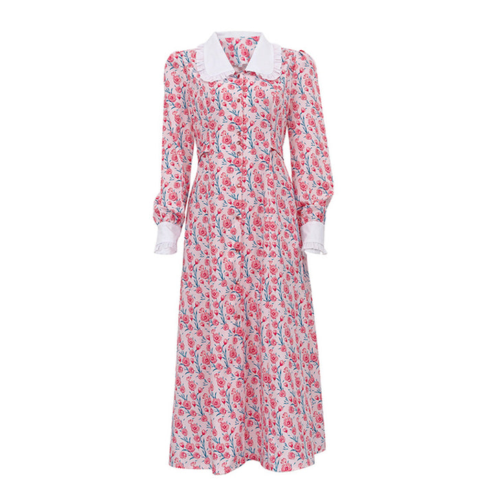 Dame Midi-kjole med blomsterprint og klassisk krave Stilla