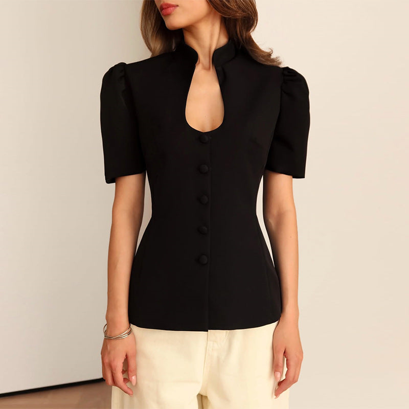 Dame elegant bluse med kort ærme og ståkrave Stilla
