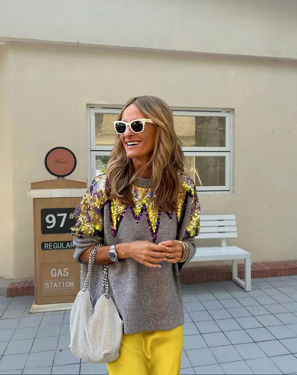 Damer Glitrende Oversized Sweater med Unik Design og Funklende Detaljer Skovae