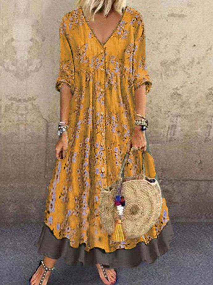 Dame Bohemian Floral Maxi Kjole med V-udskæring og Knapdetaljer Stilla