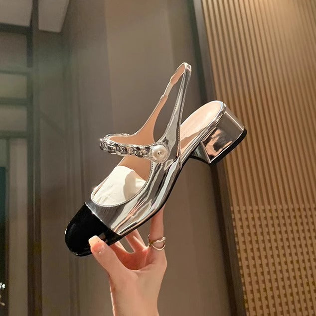 Dame Elegant Slingback Blokhæls Pumps med dekorativ kæde Detalje Stilla