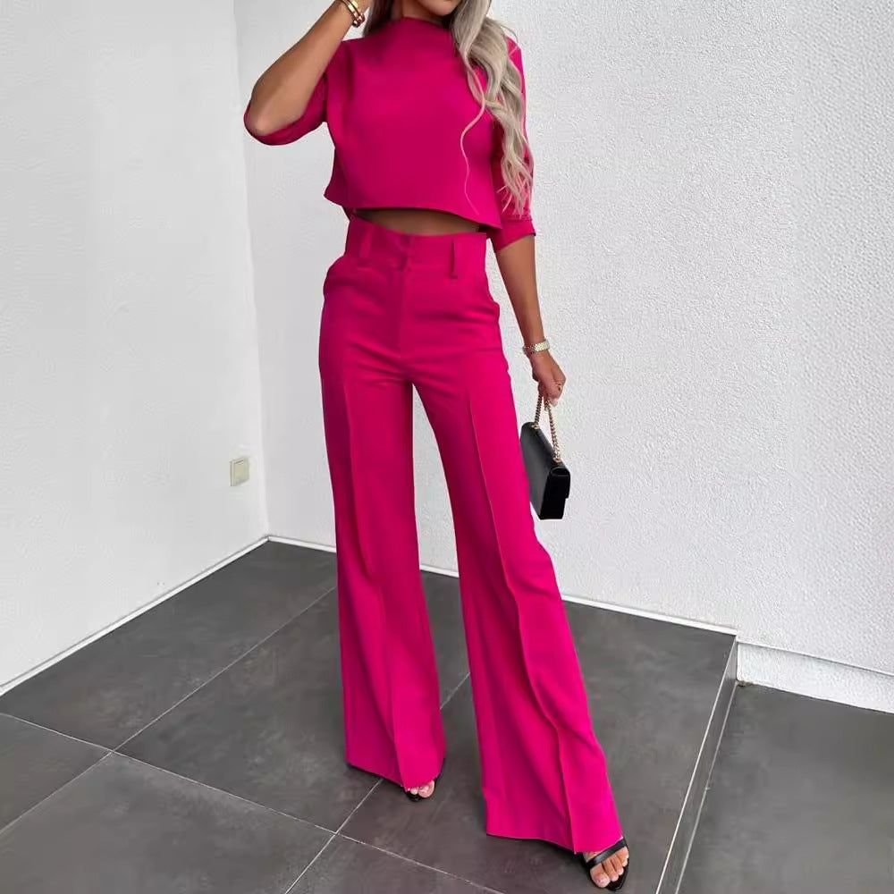 Damer Elegant To-Deljede Blazer Sæt med Høj Talje Bukser og Moderne Crop Top