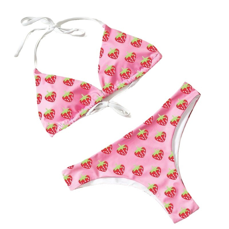 Dame Triangel-Bikini-Sæt med frugtagtig jordbær-design og justerbare stropper Stilla