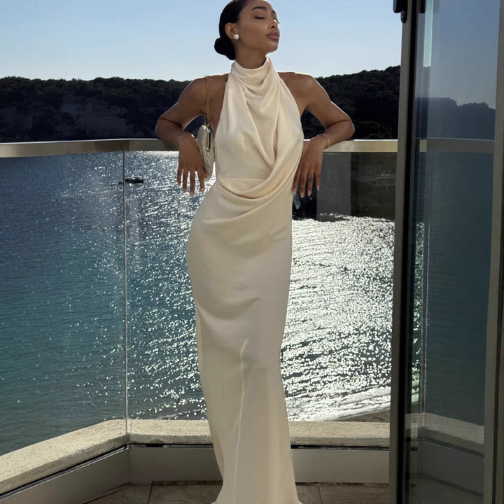 Dame Elegant Maxi Kjole med Høj- Kvalitets Drapering Design og Skinnende Stof Skovae