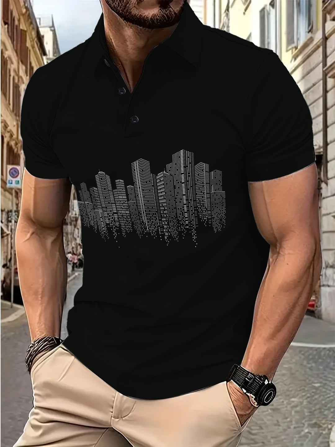 Herrer polo skorte med urban skyline print og åndbare egenskaber Stilla