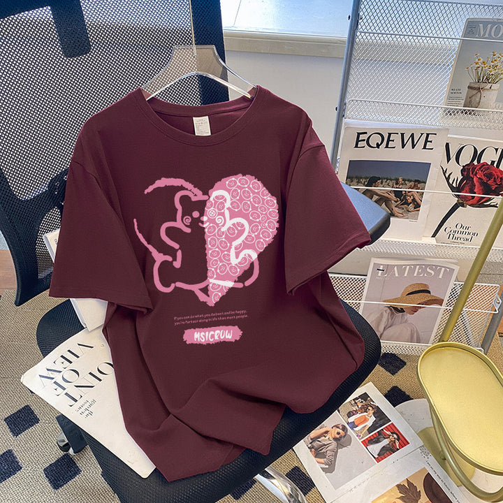 Dame T-shirt med kreativt hjerte- og dyremotiv Stilla