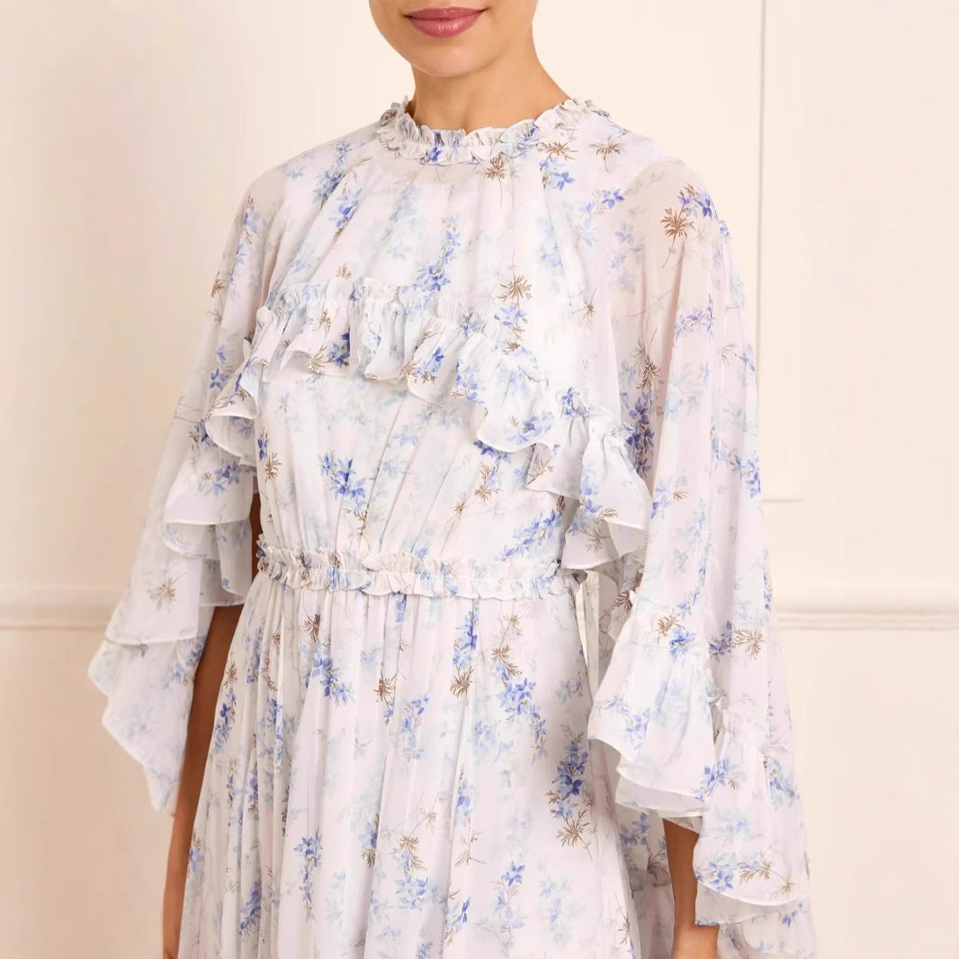 Dame lang, floral Maxikjole med flæsedetaljer Stilla