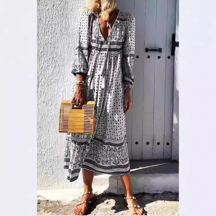 Dame Boho-Midi kjole med fine detaljer og smart mønster Stilla