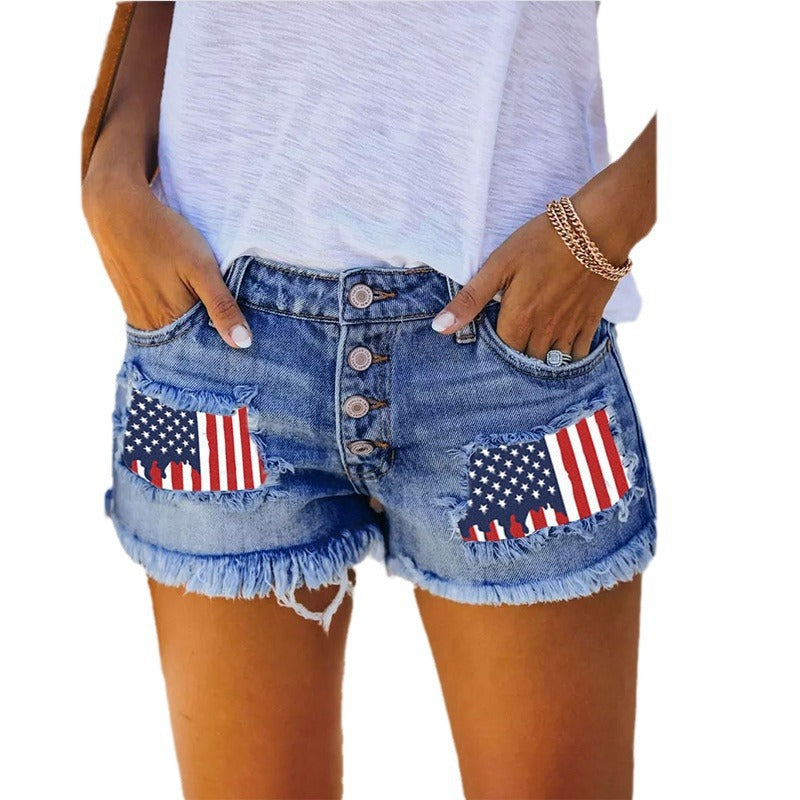 Kvindernes jeans shorts med vintage stil og flagmotiv applikationer Stilla