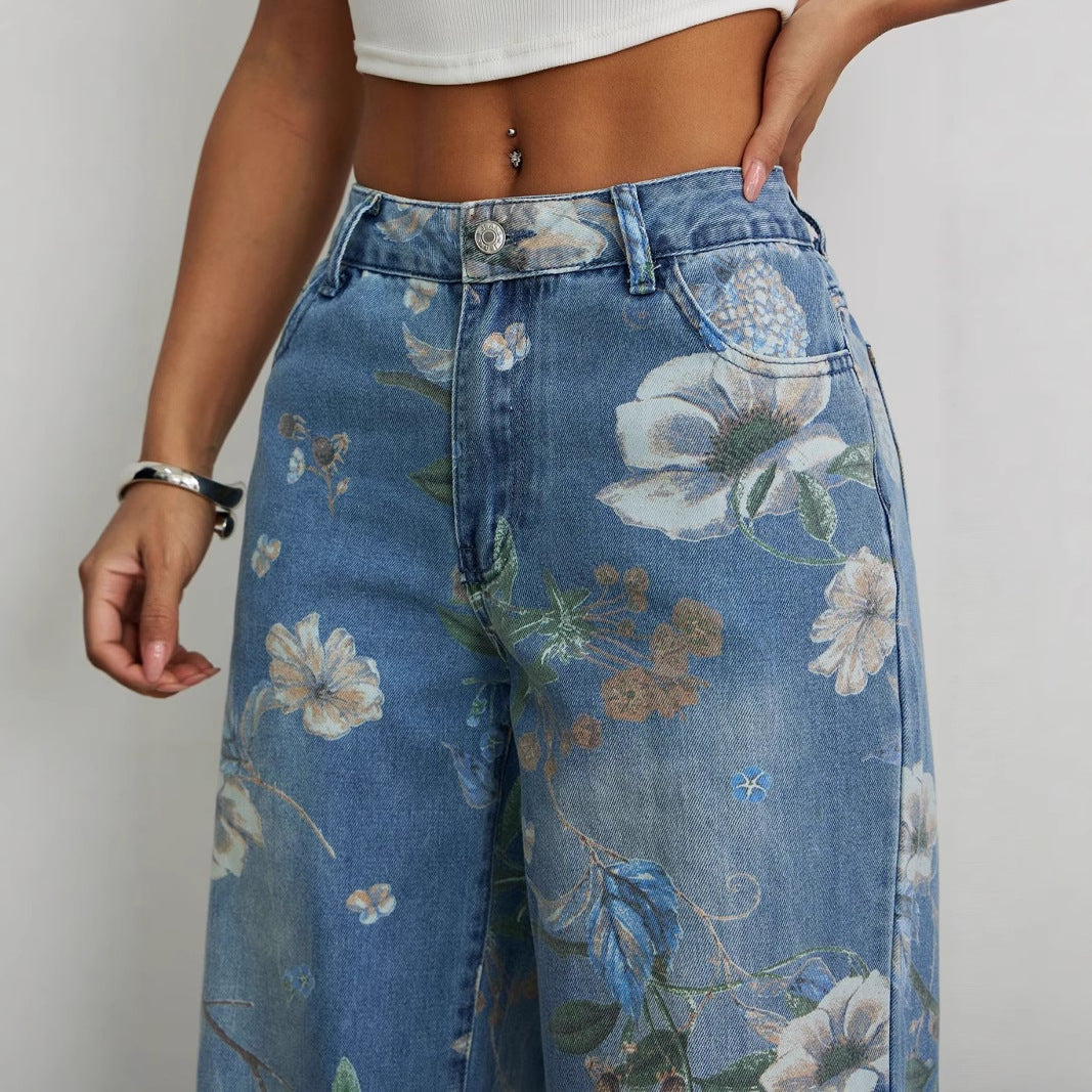 Kvinders brede jeans med blomstret design og høj talje Stilla