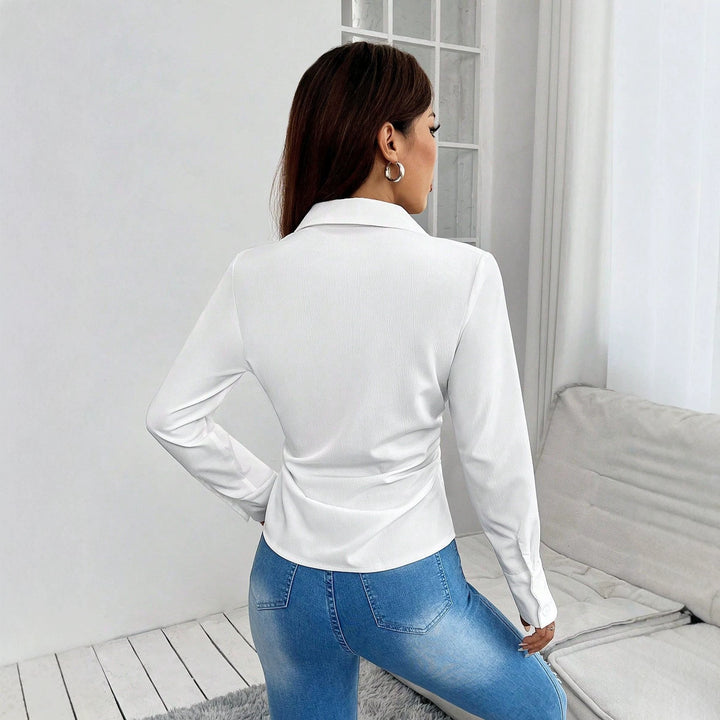 Dame Elegant Langærmet Bluse med struktureret Stof Skovae