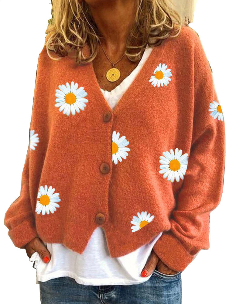 Dame strikjakke med floralt design Stilla