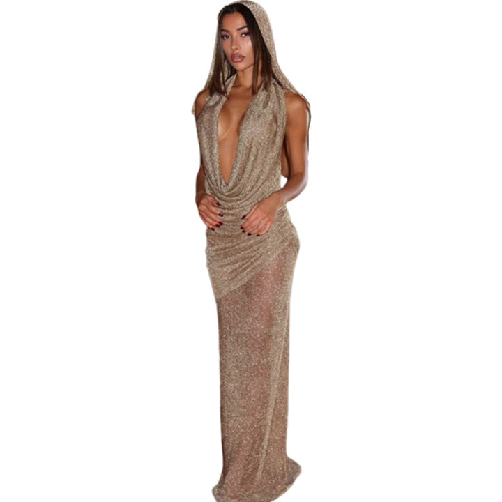 Dame Elegant Maxikjole med dyb pragtudskæring og gennemsigtigt stof Skovae