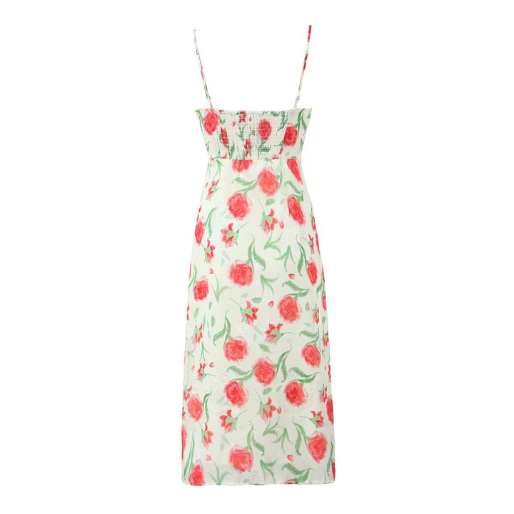 Dame Floral Print Midi Kjole med justerbare Spaghetti-stropper Stilla
