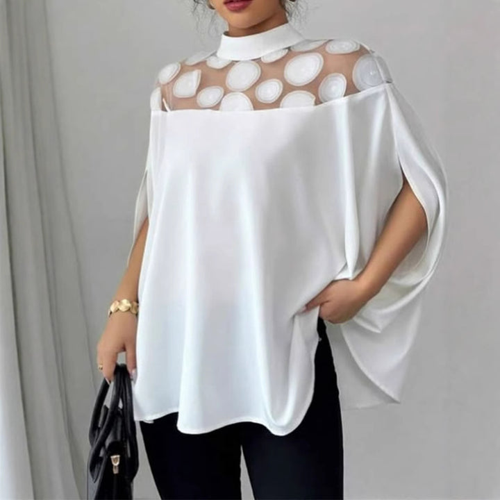 Dame nan elegant tunika-bluse med høj krave, gennemsigtig rund-applikationspasse og cape-ærmer Skovae