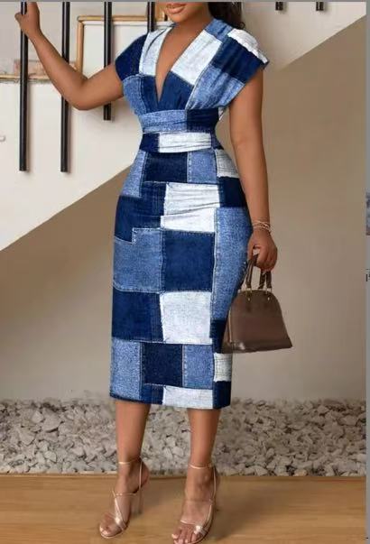 Dame Denim Patchwork Midi Kjole Stilla