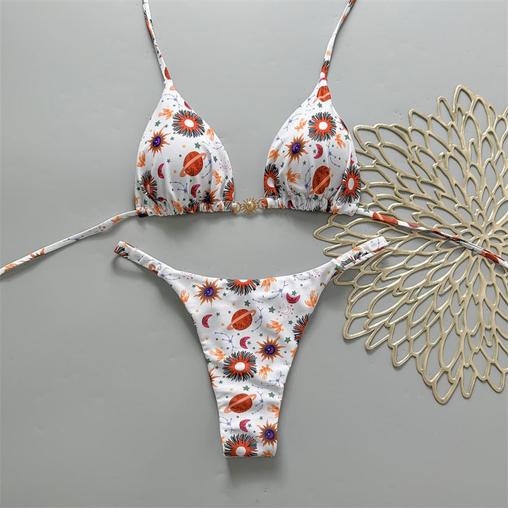 Dame Triangel-Bikini med blomsterdesign og elegant guldspænde Skovae
