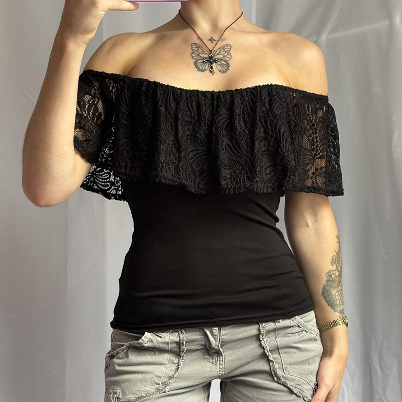 Damer Off-Shoulder Overdel med flæsedetaljer og elegante spidsakcentuer Skovae