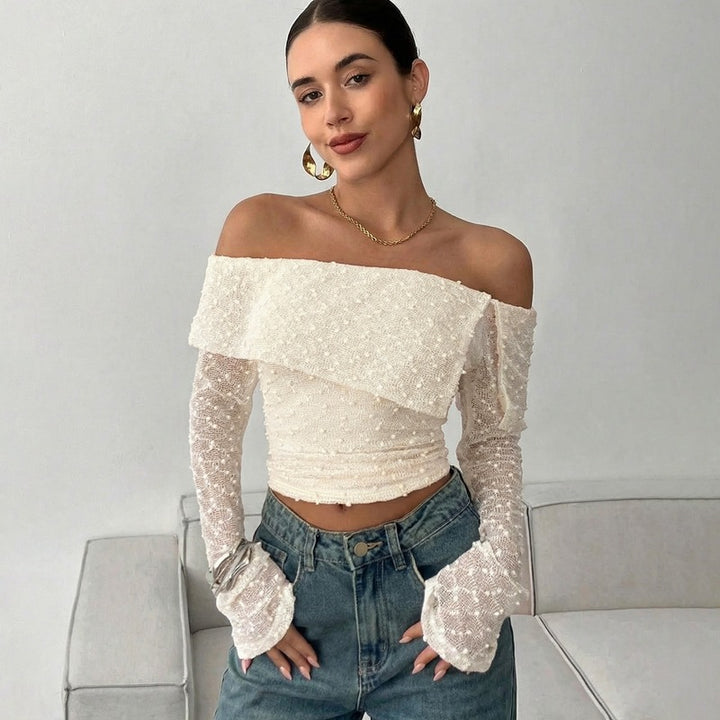 Damen Off-Shoulder Oberteil mit eleganten Rüschendetails und langen Ärmeln Skovae