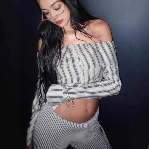 Dame Off-Shoulder stribet bluse med knapdetaljer Stilla