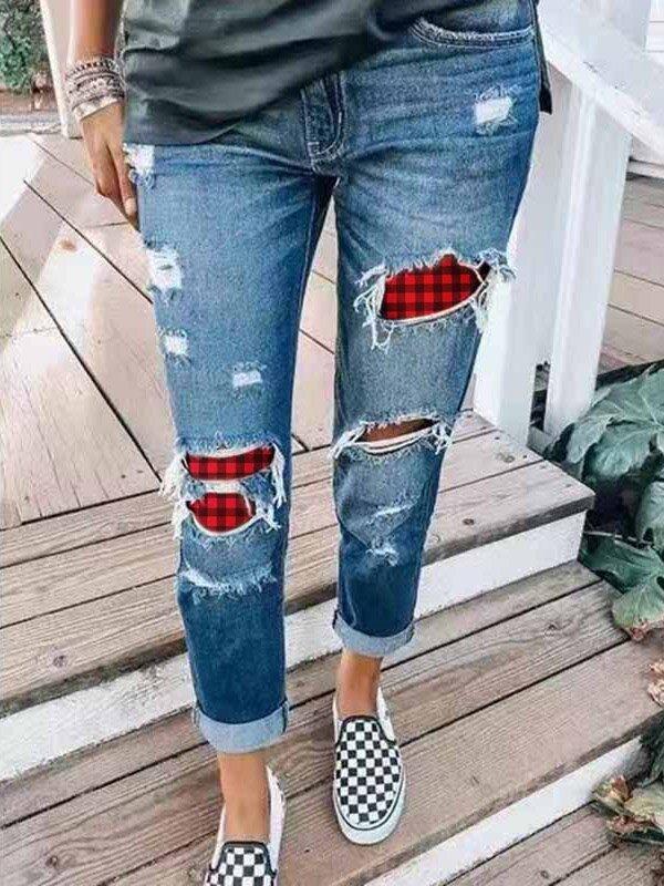 Kvinder dekorerede denim-jeans med ternede accenter Stilla