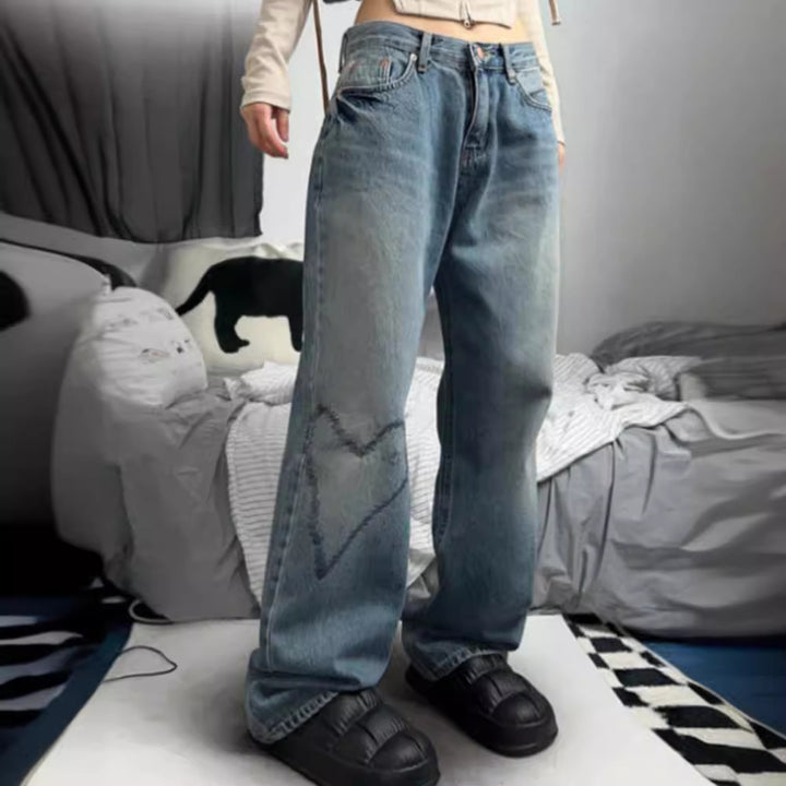 Damer Bredskårne Denim-Jeans med Hjerte-design Stilla