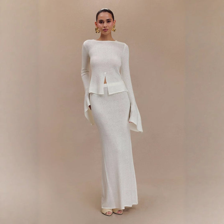 Dame elegant strik-kjole sæt med udvidede ærmer og asymmetrisk design Stilla