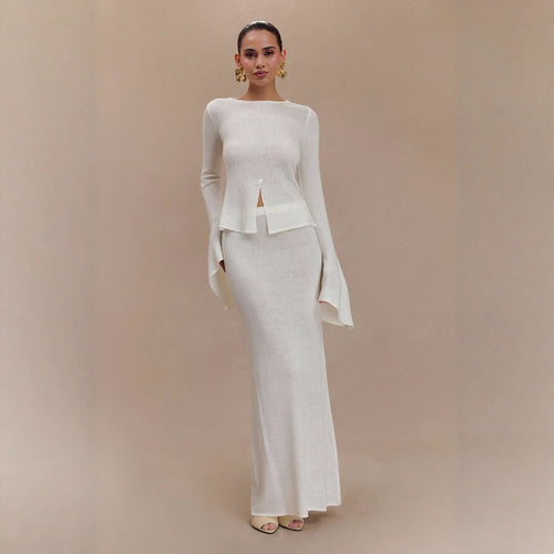 Dame elegant strik-kjole sæt med udvidede ærmer og asymmetrisk design Stilla