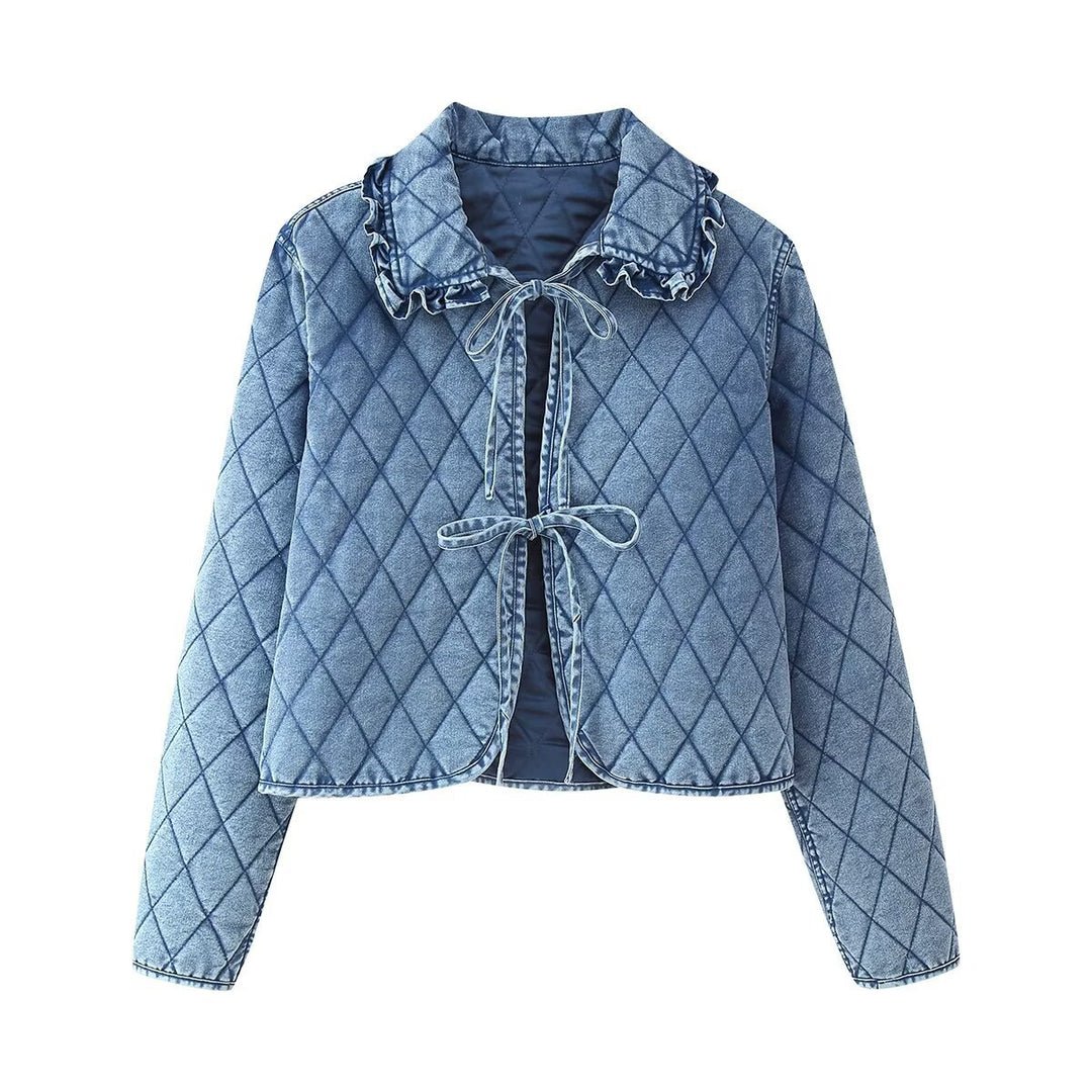 Dame quiltet Denim-jakke med frynset krave Stilla