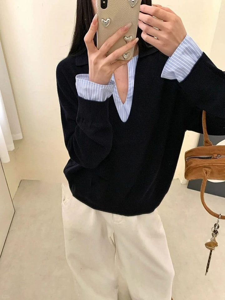 Dame Elegant Sweater med Indsat Skjortekrave Stilla