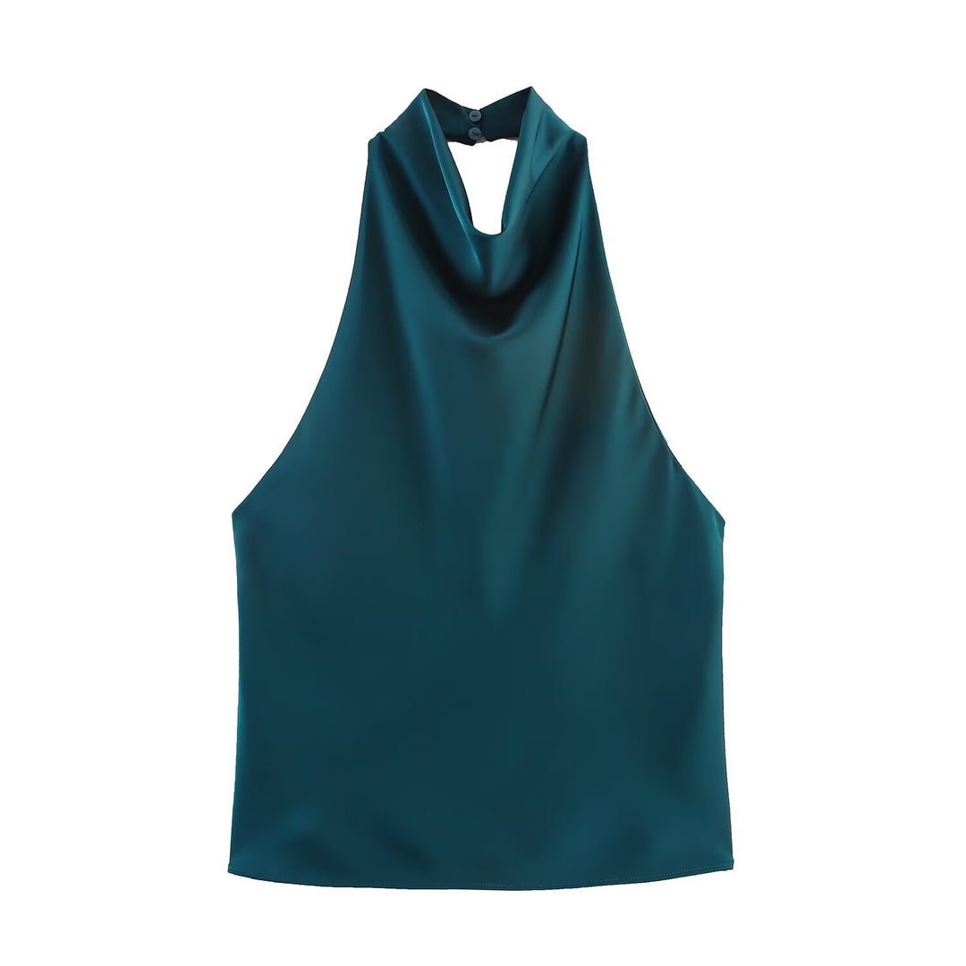 Dame elegant halterneck top med flydende snit og dekorative detaljer Skovae