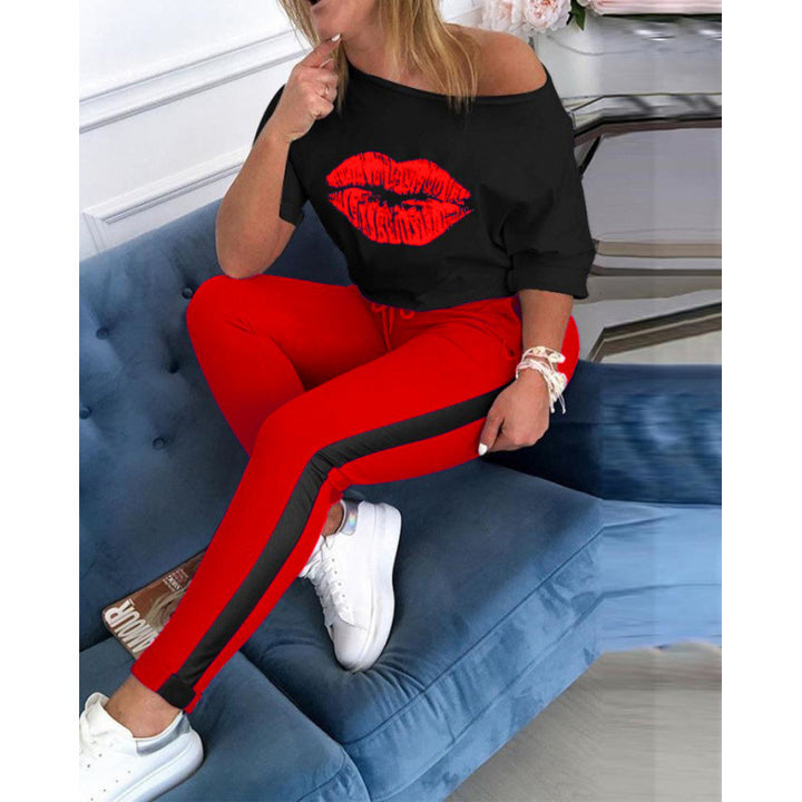 Dame Casual Grafik Læbe-tryk Top og Track Pant Sæt Stilla