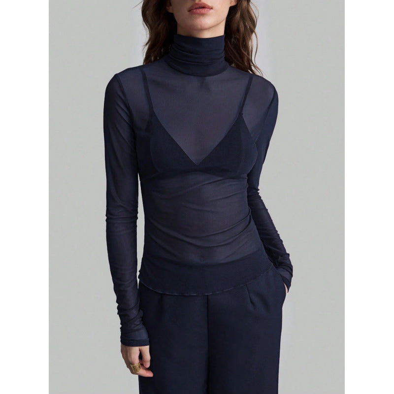 Dame Elegant langærmet transparent top med høj krave Skovae