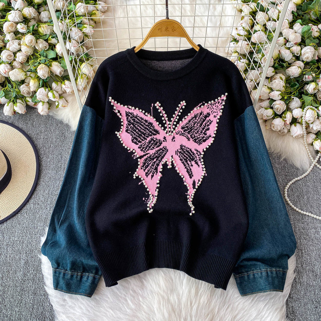 Dame Elegant Sweater med Sommerfugl Motiv og Denim Ærmer Stilla