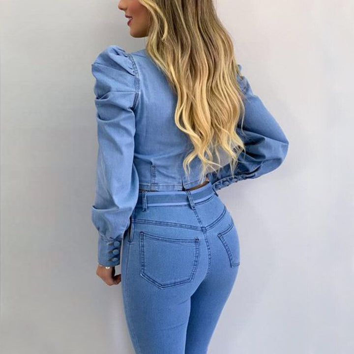 Dame jeansbluse med puffærmer og bælte Stilla