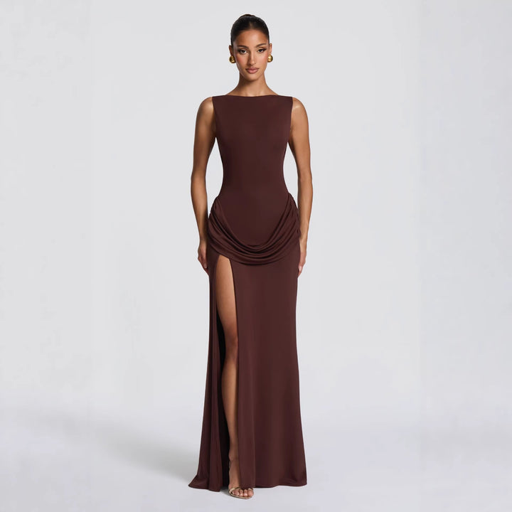Dame elegant wrap maxikjole med asymmetrisk flæsedesign og sexy slids Skovae